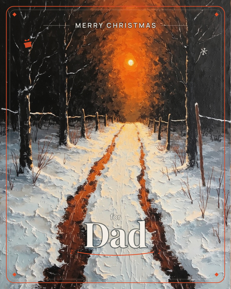 A snow-covered country lane cuts between bare trees and a fence line, its muddy tyre tracks glowing amber where a low sun blazes at the vanishing point, a christmas e-card design