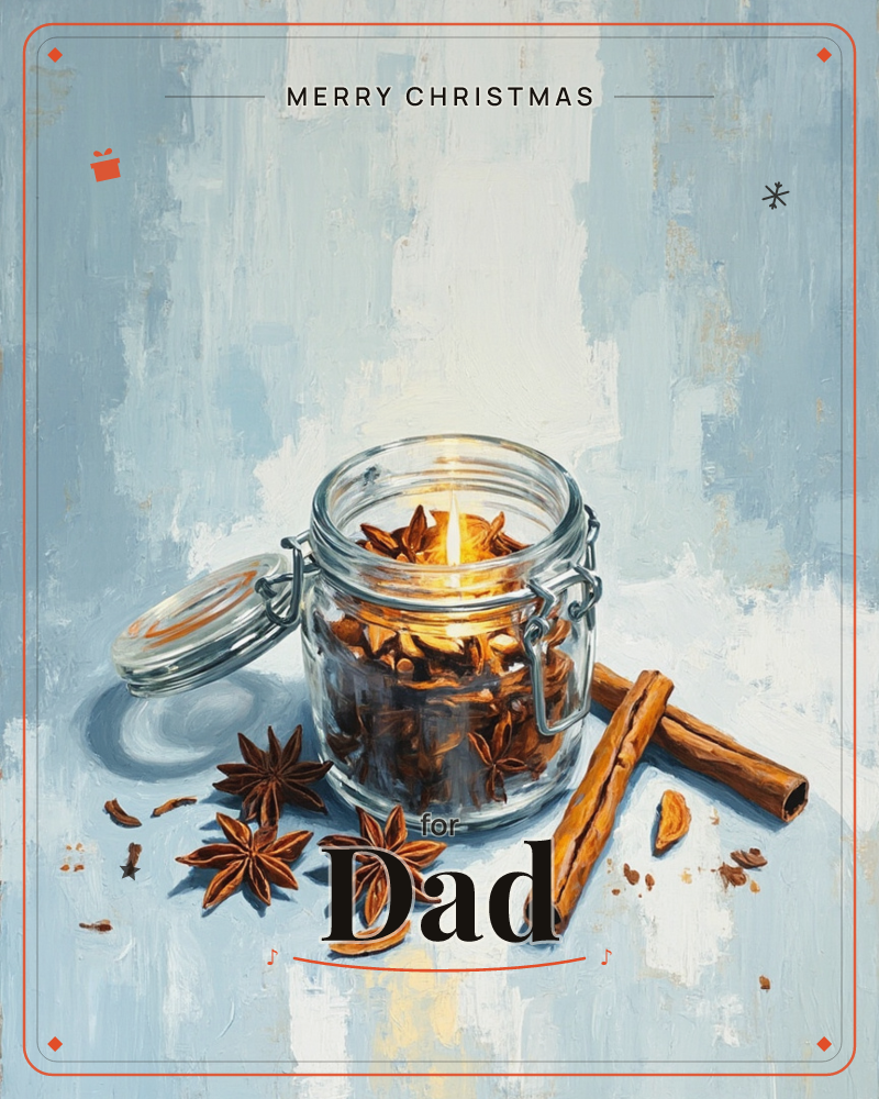 A glass jar candle burns among scattered star anise and cinnamon sticks, its hinged lid propped open beside it, set against a loosely brushed backdrop…, a christmas e-card design