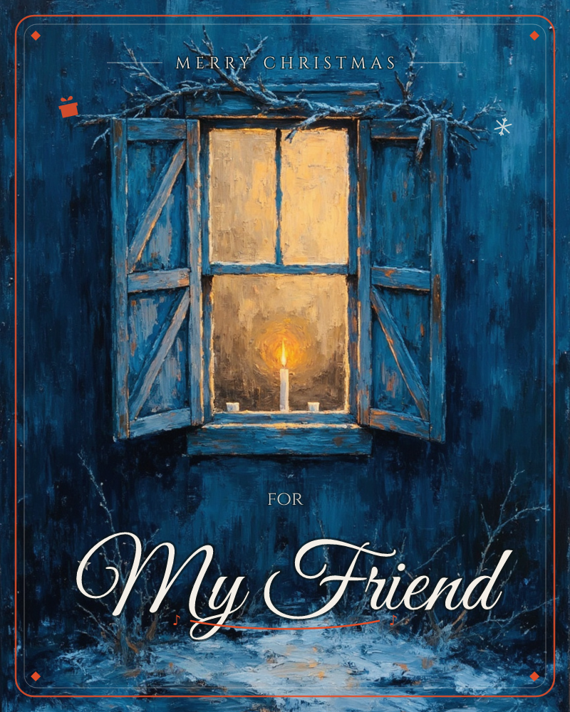 A weathered blue shutter window is thrown open against a deep indigo wall, its wooden frame worn and textured by winter weather, a christmas e-card design