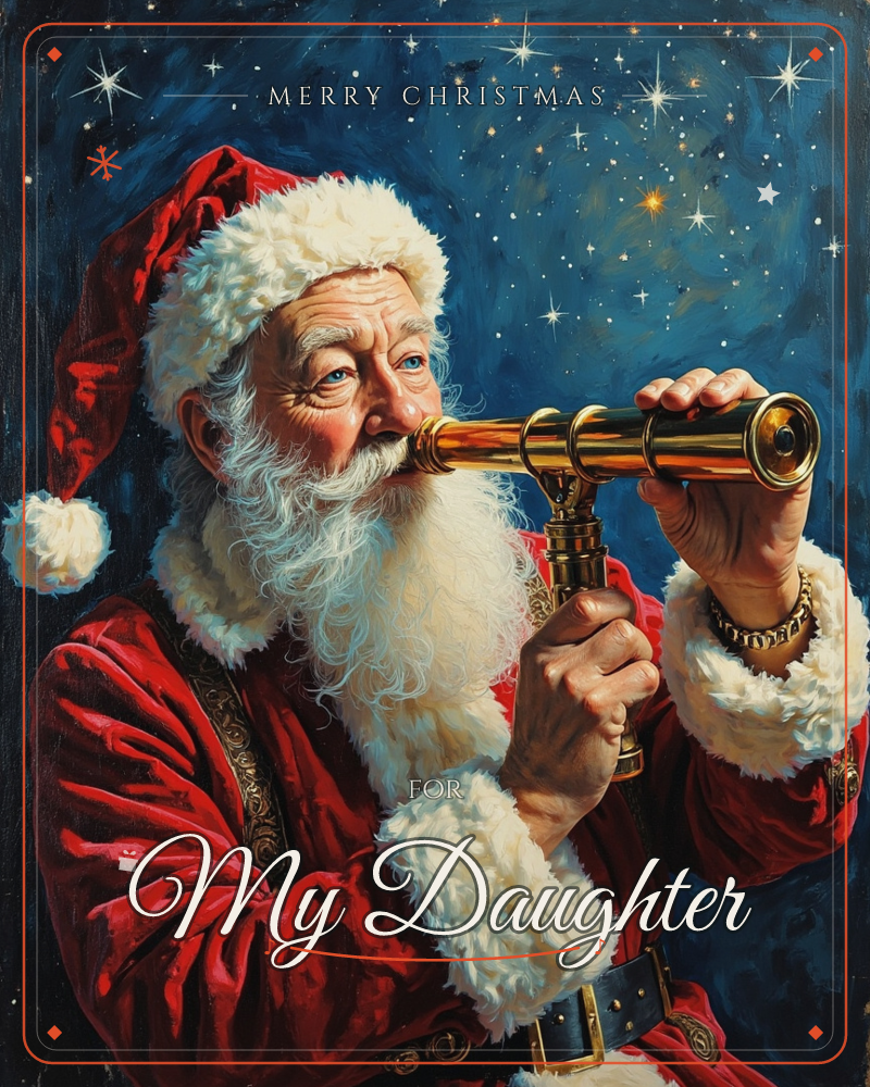 A close-up portrait of Santa Claus in his red velvet coat and fur-trimmed cap, peering through a brass telescope at a deep blue night sky scattered…, a christmas e-card design