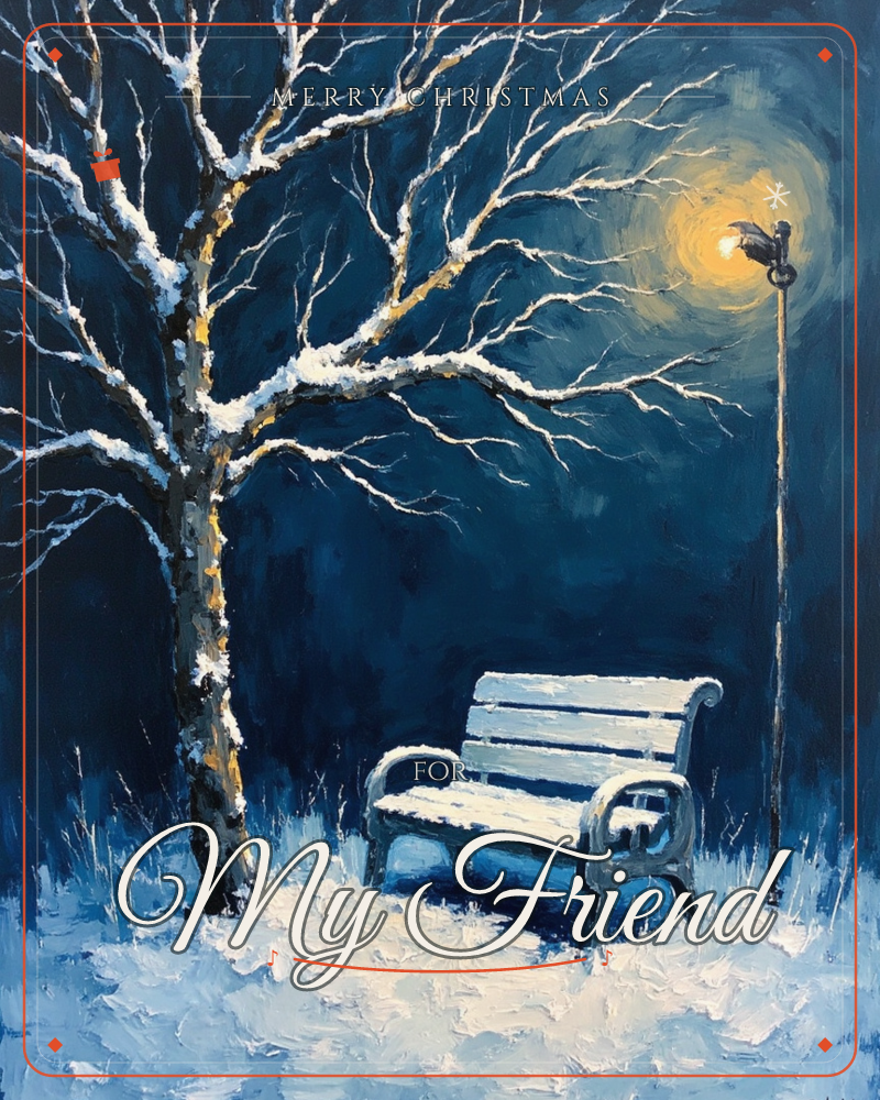 A snow-covered park bench sits beneath a bare, frost-dusted tree, lit by the warm glow of a single lamppost against a deep midnight-blue night, a christmas e-card design