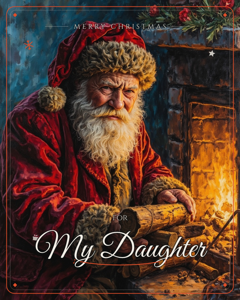 Santa Claus kneels beside a stone fireplace, stacking logs onto the glowing fire with weathered, careful hands, a christmas e-card design