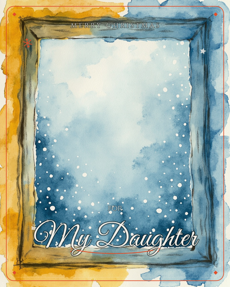 A watercolour window frame looks out onto a hazy indigo sky scattered with soft white dots like falling snow or distant stars, a christmas e-card design