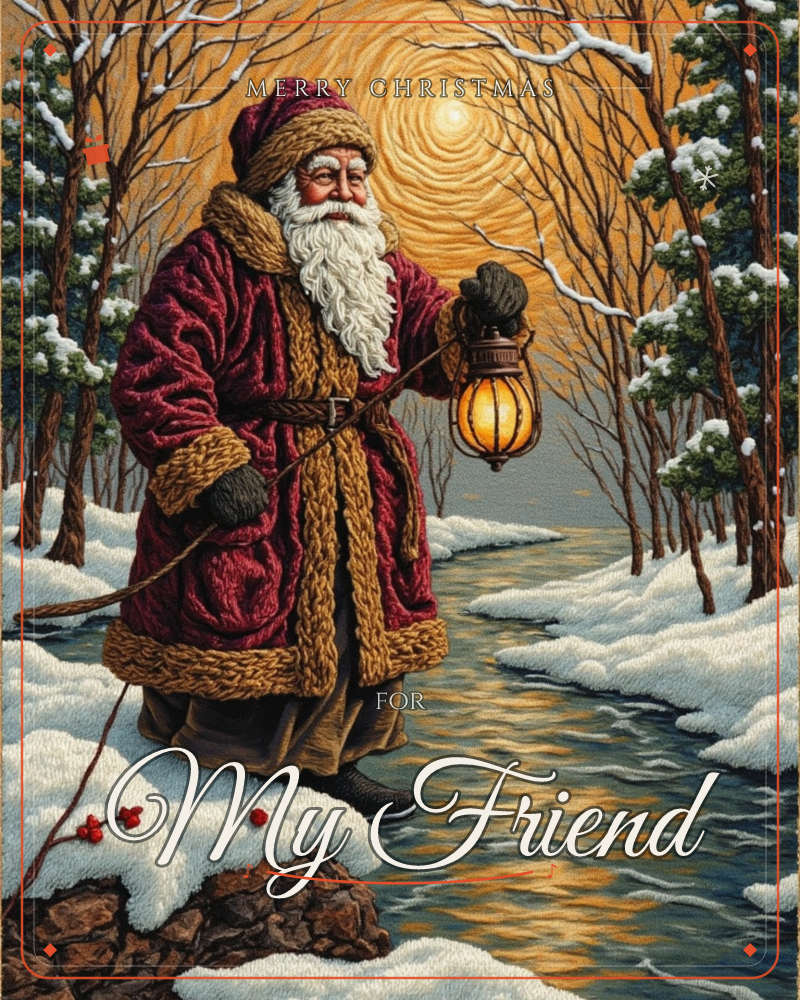 Santa stands beside a dark, unfrozen stream in a snowy forest, holding a glowing lantern that mirrors the swirling amber moon overhead, a christmas e-card design