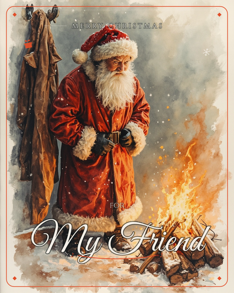 A weary Santa Claus stands warming his hands beside a crackling bonfire, snow dusting his fur-trimmed red coat, a christmas e-card design