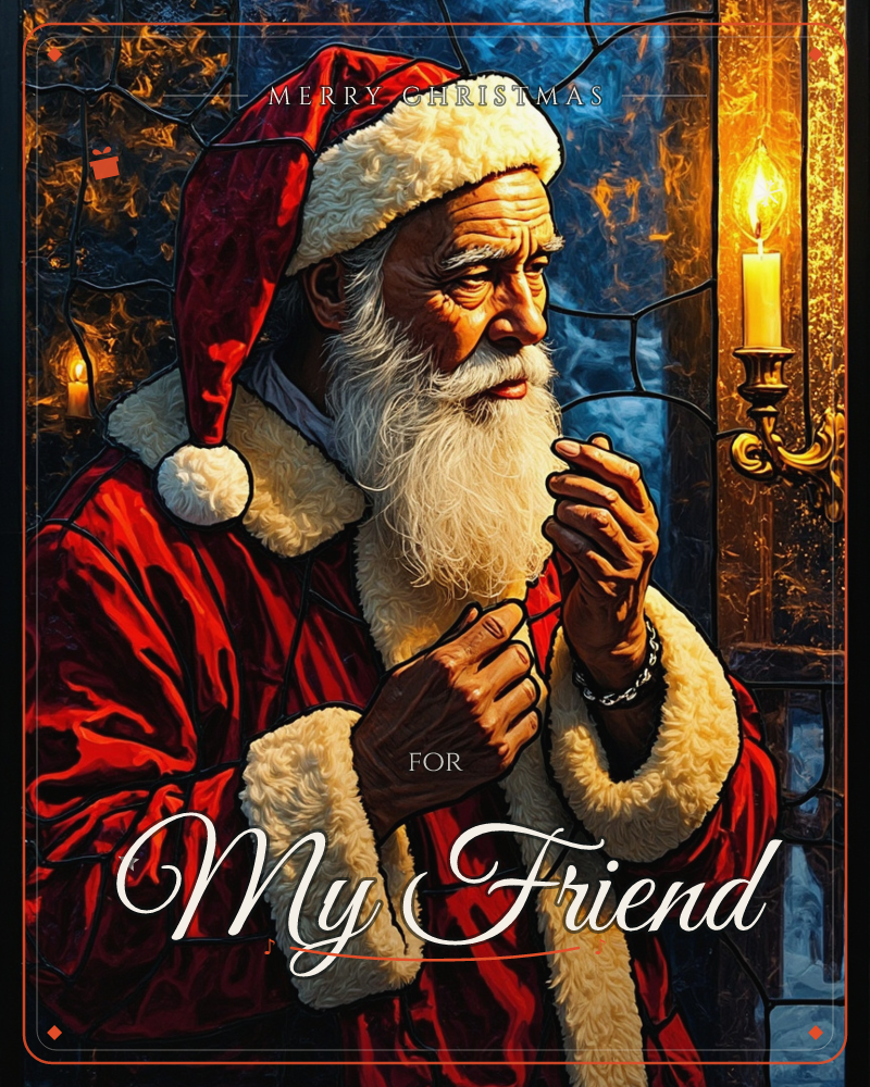 Santa Claus stands in profile against a stained-glass-effect background, his weathered face and long white beard lit by a candle glowing in a wall…, a christmas e-card design