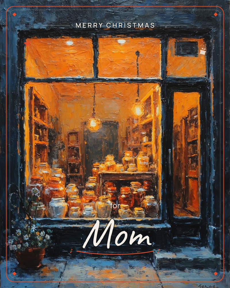 A painted shopfront glows amber against a deep navy dusk, its window crowded with rows of jars and bottles lit by hanging bulbs, a christmas e-card design