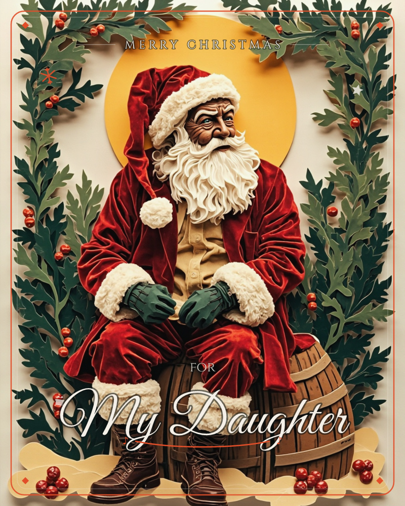 A layered paper-craft illustration shows Santa Claus perched on a wooden barrel, framed by a glowing golden sun disc and arching sprigs of holly leaves…, a christmas e-card design