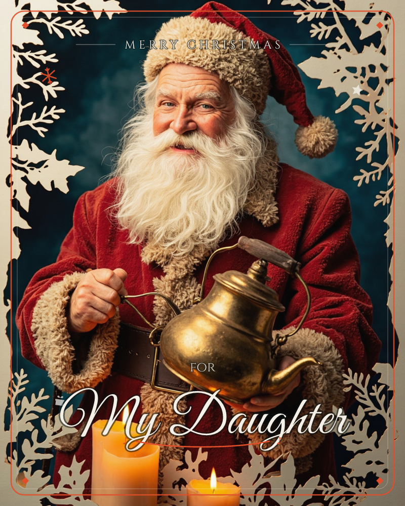 A photographic-style portrait shows a white-bearded man dressed as Santa in a fur-trimmed red coat and hat, holding an old brass kettle above lit…, a christmas e-card design