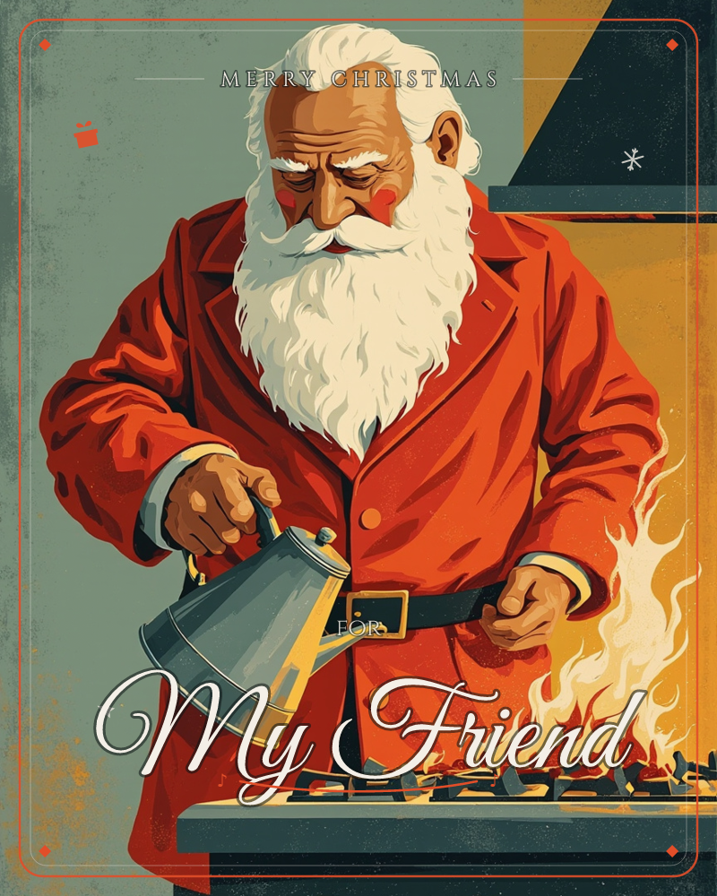Santa Claus stands at a stovetop with tall flames leaping up beside him, holding a metal kettle in one hand while his other hand rests on his belt, a christmas e-card design