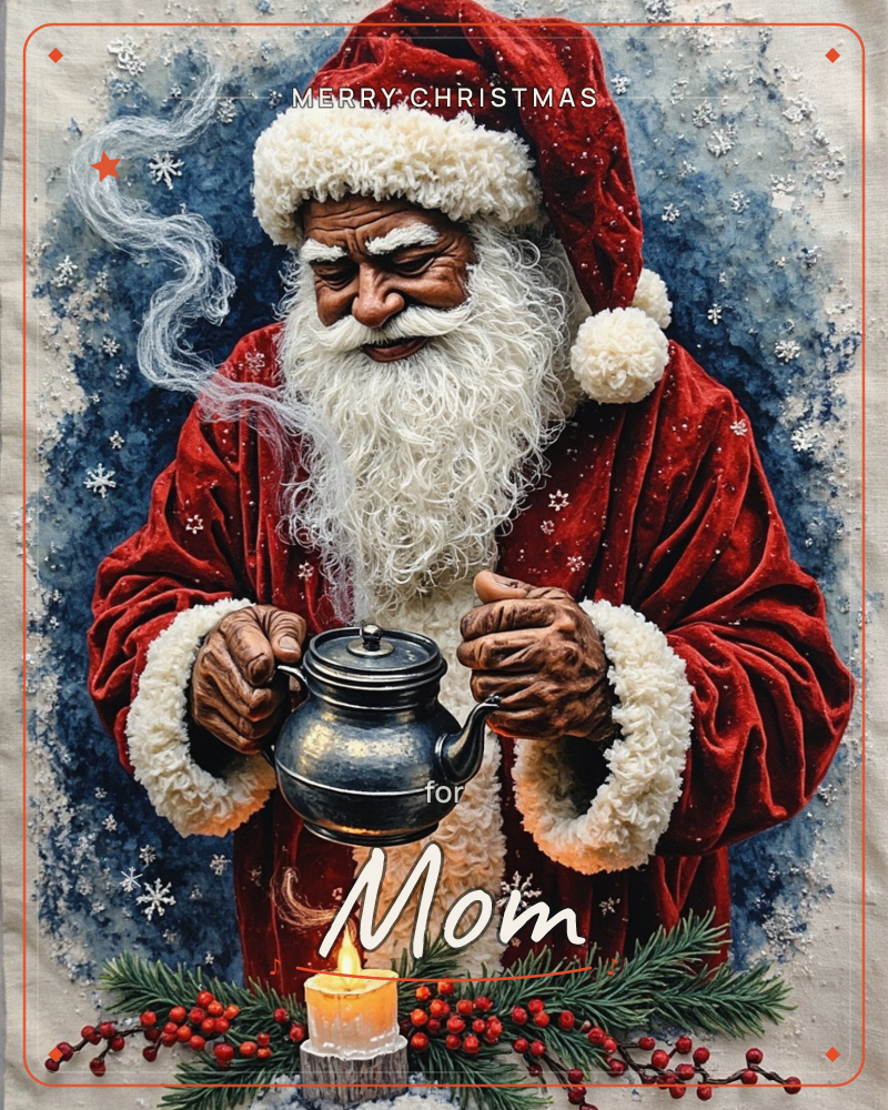 Santa Claus stands in his fur-trimmed red velvet robe, cradling an old tin teapot with steam curling upward into the snowy blue night behind him, a christmas e-card design