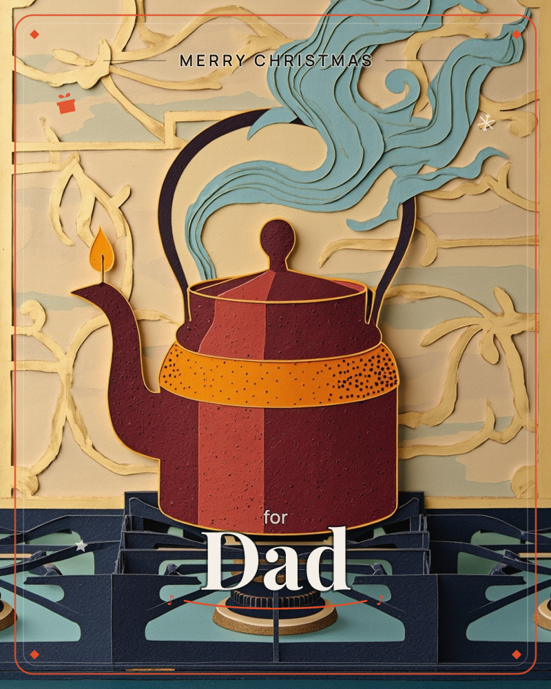 A deep maroon kettle sits on a dark stovetop burner, its flame glowing orange beneath the spout while a swirl of pale blue steam curls upward against a…, a christmas e-card design