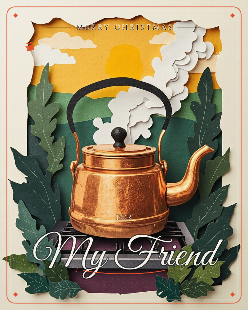 A copper kettle sits on a stovetop burner, steam curling upward in layered paper clouds against a golden sunset sky and rolling green hills, a christmas e-card design