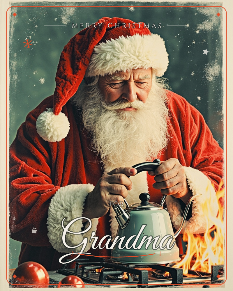 A weathered card shows Santa in his red fur-trimmed robe, eyes closed in concentration as he lifts a sage-green kettle from a gas flame licking up…, a christmas e-card design