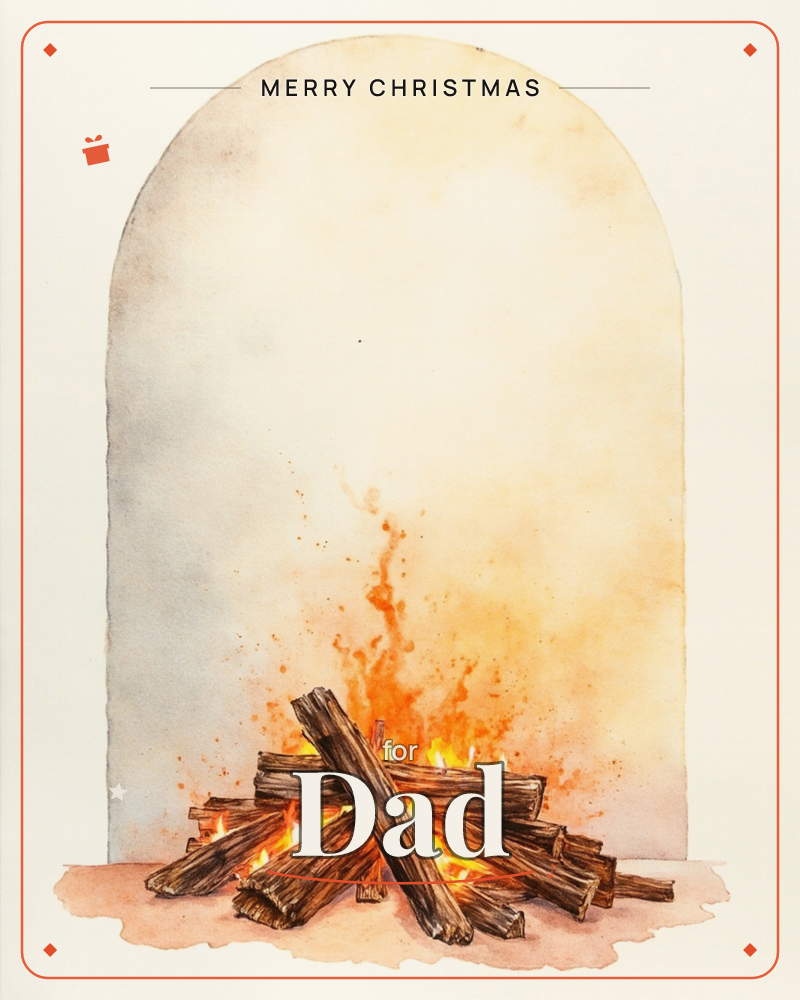 A stack of split logs burns in a small bonfire, painted within a soft arched frame that glows amber and gold above the flames fading to grey at the top, a christmas e-card design