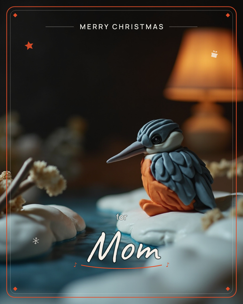 A sculpted clay kingfisher with a slate-blue back and warm orange breast perches on a snowy white ledge above dark water, dried flower sprigs framing…, a christmas e-card design