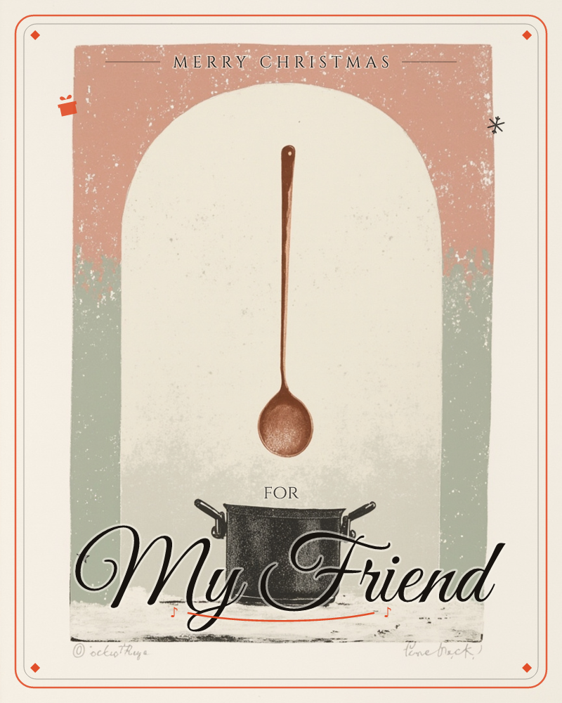 A copper spoon hovers mid-air above a black cooking pot, framed inside a tall arched niche of dusty pink and sage green, a christmas e-card design