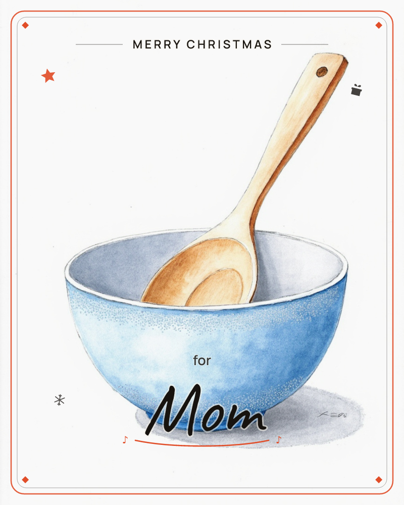 A simple blue-glazed mixing bowl sits centre-page with a wooden spoon propped inside it, handle leaning up and to the right, a christmas e-card design