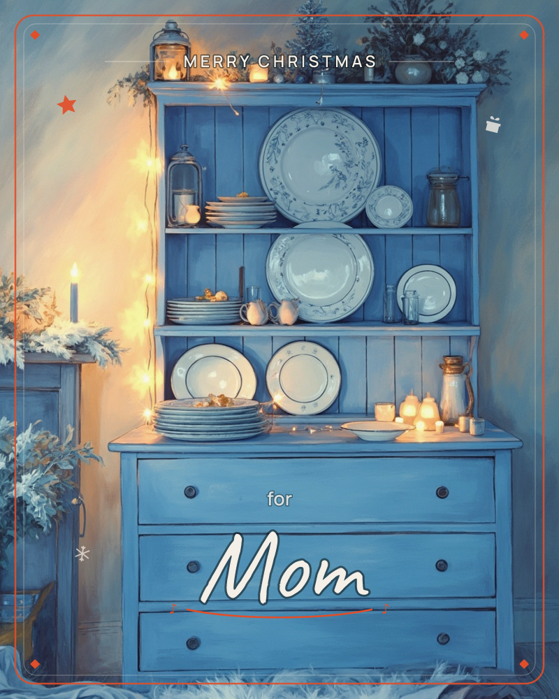 A painted blue farmhouse dresser stands against a soft grey wall, its shelves lined with patterned china plates, jugs and glass lanterns, a christmas e-card design