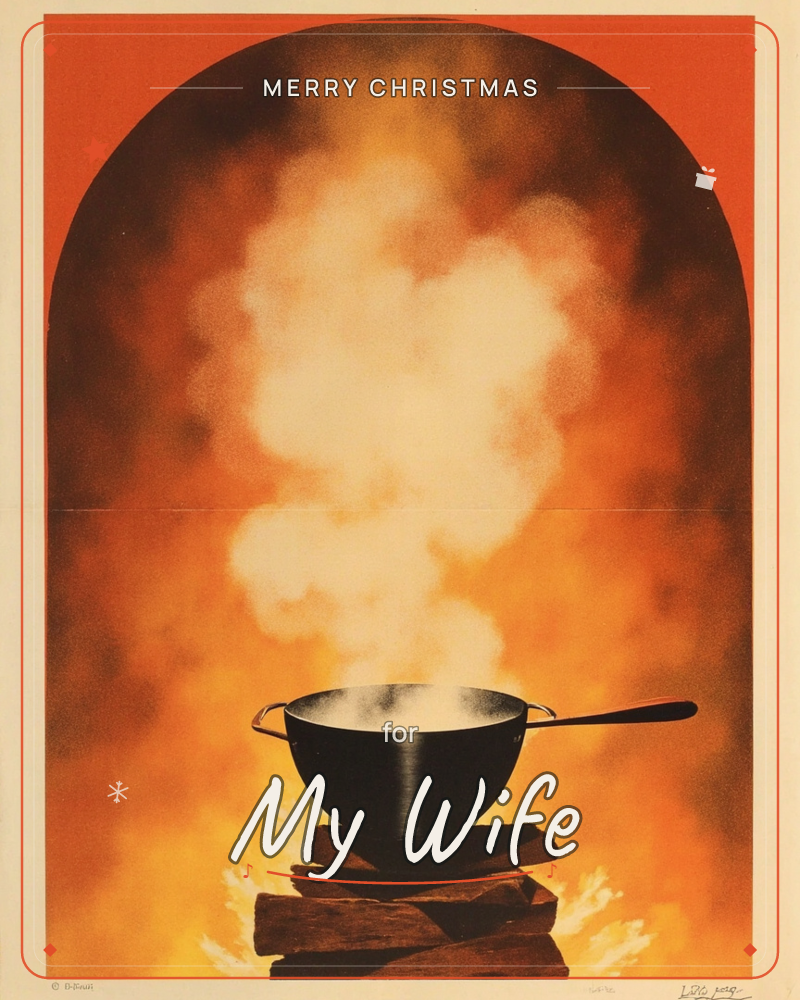 A dark cooking pot sits balanced on a stack of split logs, steam billowing upward in a great pale cloud against a fiery orange arch of colour, a christmas e-card design