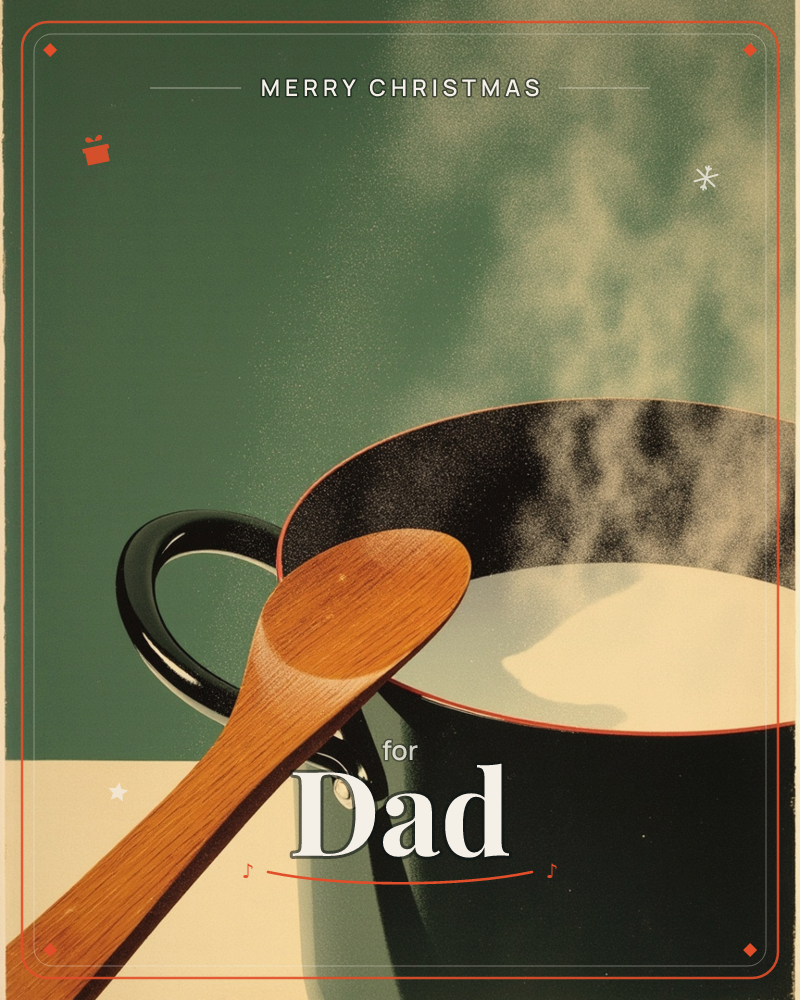 A close-up illustration of a black enamel pot filled with steaming pale liquid, a wooden spoon resting across its rim against a two-tone green and…, a christmas e-card design