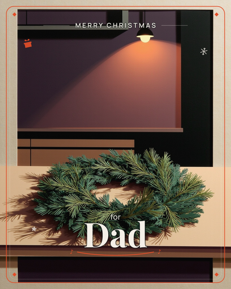 A pine wreath rests on a pale wooden shelf inside a stylised, shadowy interior, lit by a single hanging pendant lamp glowing amber against a plum-toned…, a christmas e-card design