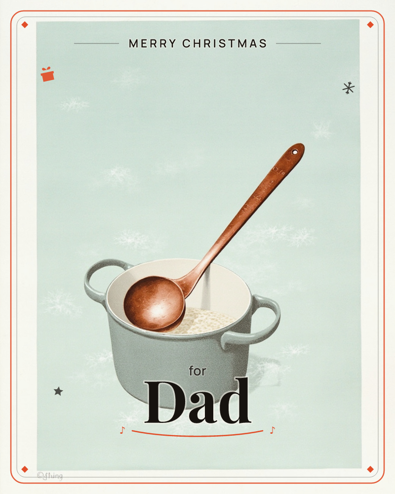 A pale grey-green cooking pot with two handles sits against a soft mint background dotted with faint snowflakes, a christmas e-card design