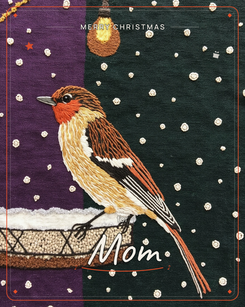 An embroidered songbird with a rust-orange head and cream-and-black striped tail perches on the woven rim of a seed-filled feeder, stitched in dense…, a christmas e-card design