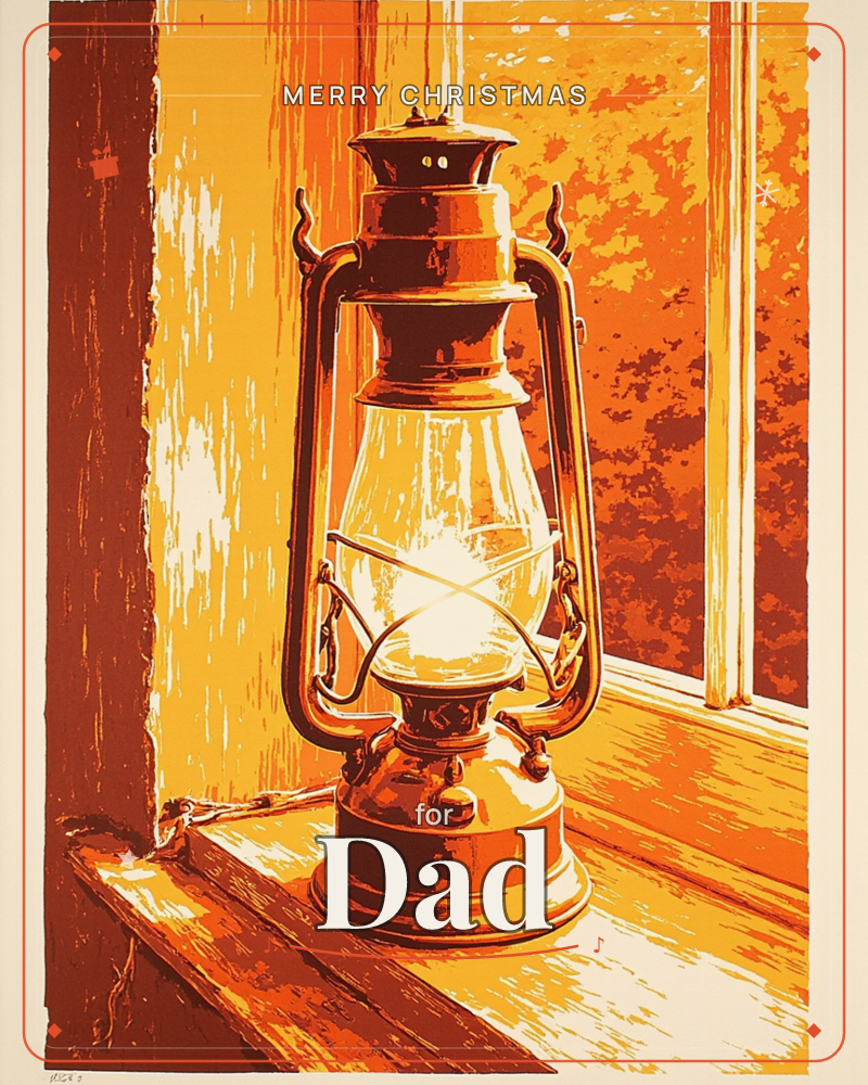 An old-fashioned metal lantern sits on a weathered wooden windowsill, its glass globe glowing warm against a window streaked with autumn-toned foliage…, a christmas e-card design