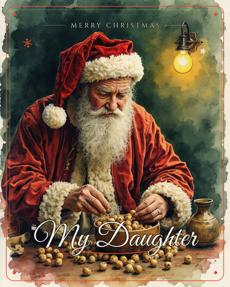Santa leans over a wooden table, carefully sorting small dried nuts or berries into a bowl by the glow of a single hanging lightbulb, a christmas e-card design
