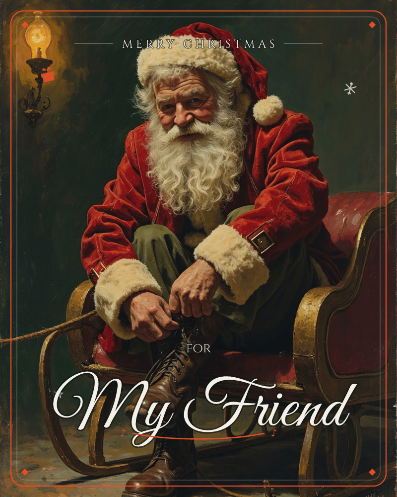 An oil-painted Santa Claus sits perched on the edge of his ornate red-and-gold sleigh, lacing up a sturdy leather boot before setting off, a christmas e-card design