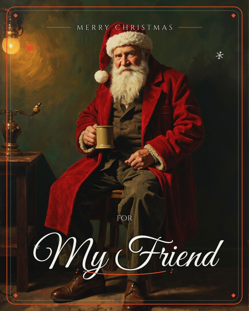 A weary, white-bearded man in a Santa hat and long red velvet coat sits on a wooden stool in a dim room, holding a pewter mug in his lap, a christmas e-card design