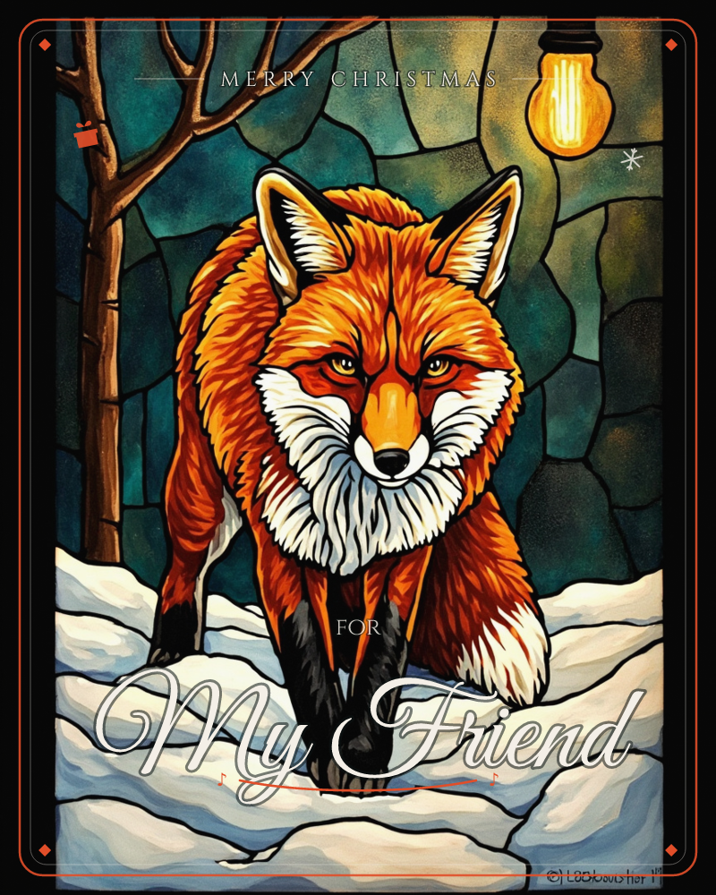 A red fox strides across a snowy ridge at night, its fur rendered in bold stained-glass segments of orange, rust, and white, a christmas e-card design