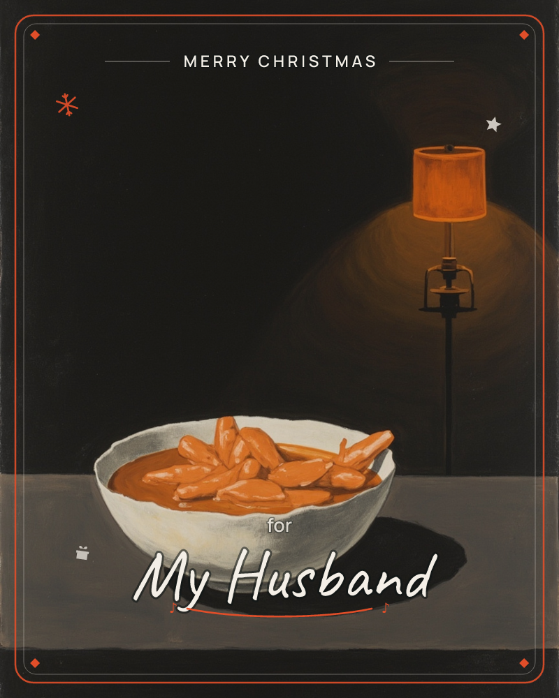 A white ceramic bowl heaped with sausages in a rich orange-red sauce sits on a plain grey tabletop, lit by a small floor lamp glowing softly against a…, a christmas e-card design