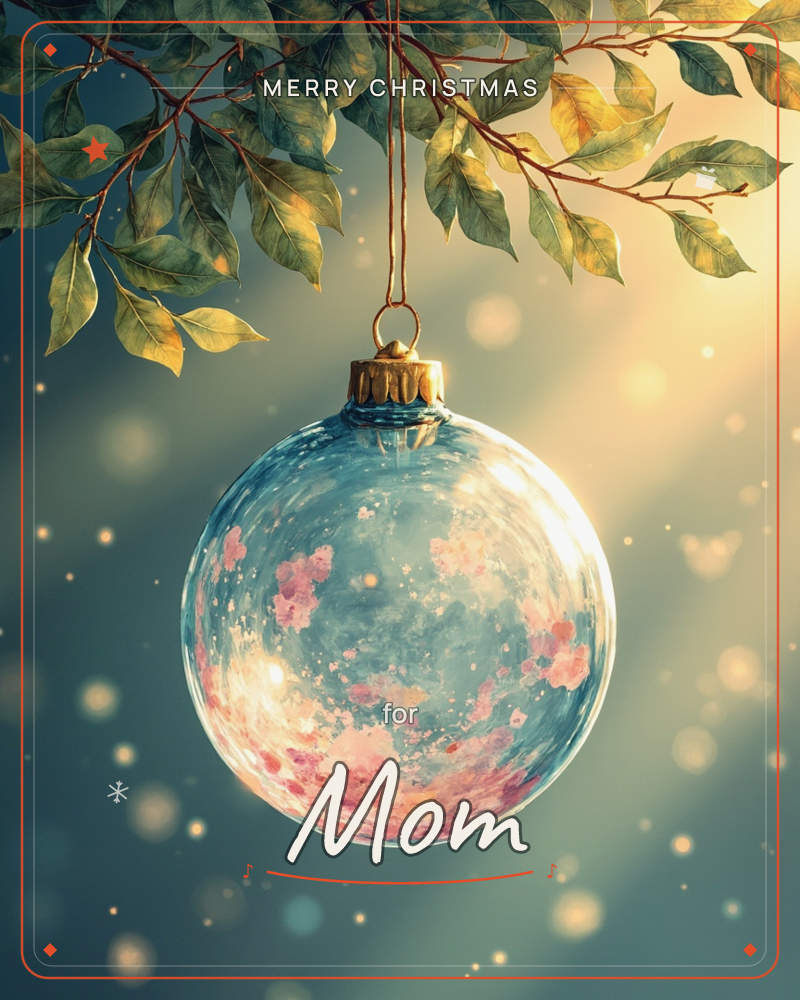 A single glass ornament hangs from a leafy branch, its surface swirled with soft pink blossoms like clouds caught inside the glass, a christmas e-card design