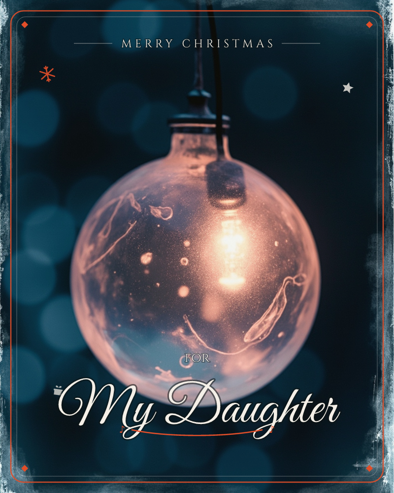 A single round glass bulb hangs from a dark cord, its glowing filament casting warm amber light through the glass while soft blue bokeh circles float…, a christmas e-card design