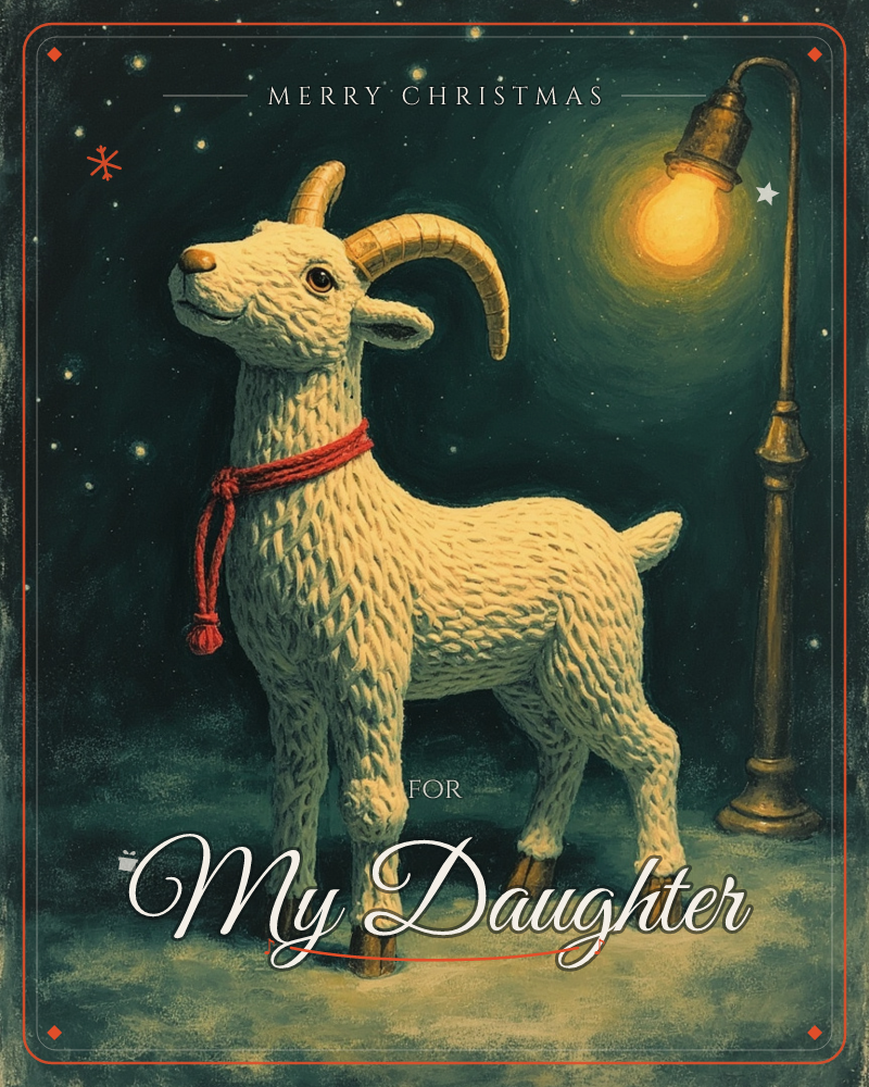 A woolly white goat with curved golden horns and a red cord tied around its neck stands beneath a glowing lamppost on a dark, starry night, a christmas e-card design