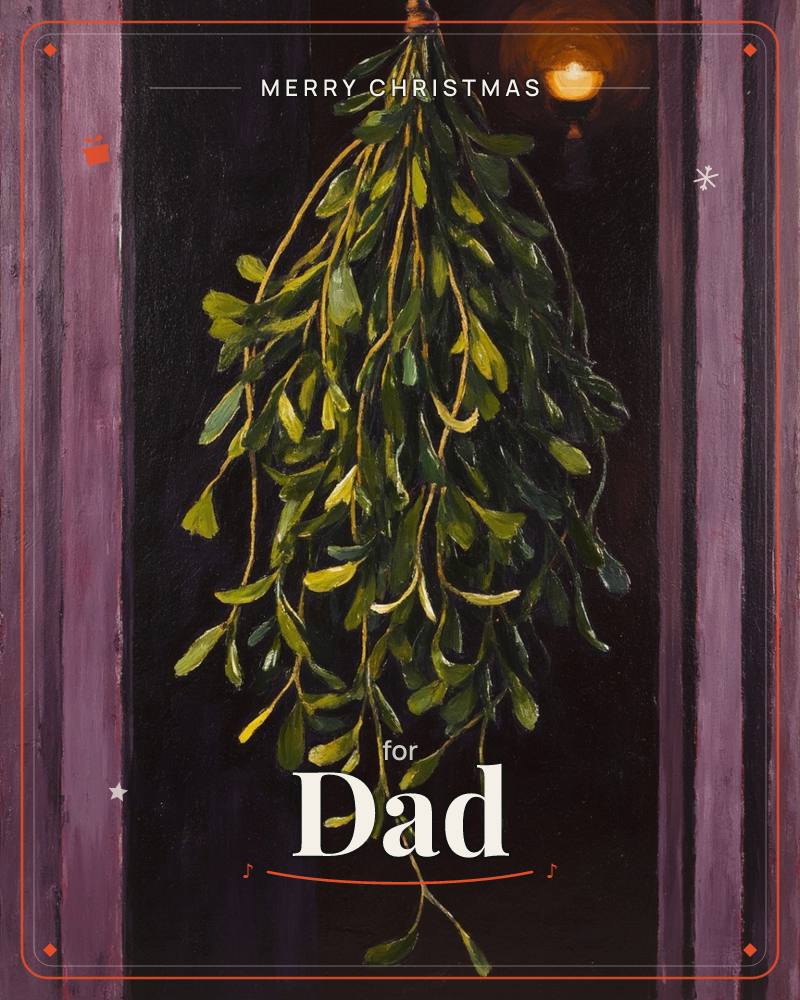 A sprig of mistletoe hangs upside down against a dark doorway, its trailing green leaves catching a warm glow from a small lantern in the corner, a christmas e-card design