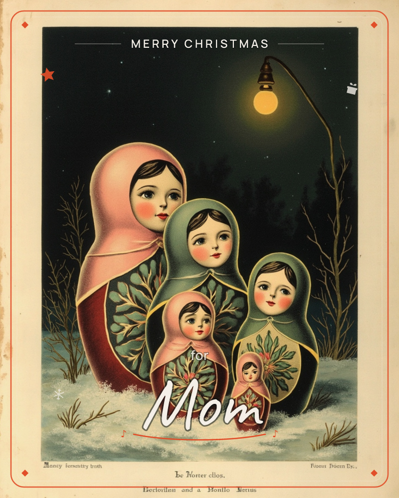A set of nesting dolls stands lined up in a snowy field at night, largest to smallest, painted with pink and green kerchiefs and floral patterns on…, a christmas e-card design