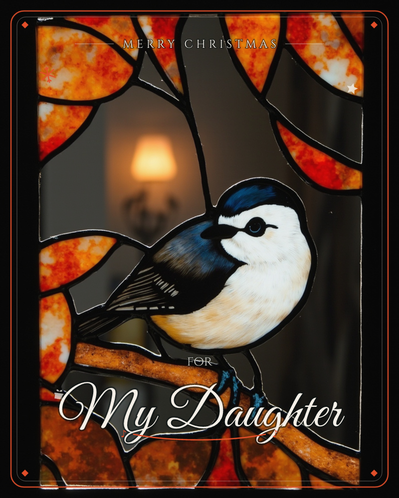 A stained-glass style panel shows a chickadee with a black cap and bib, perched on a branch surrounded by amber and orange leaves, a christmas e-card design