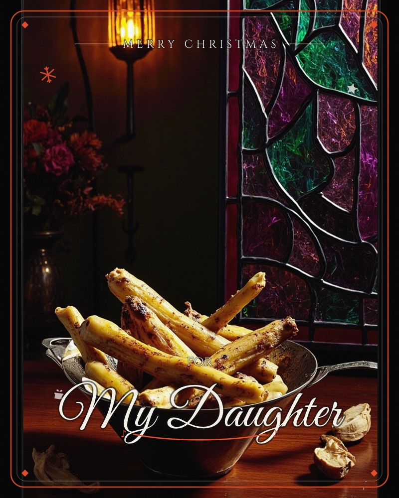 A metal bowl heaped with roasted spears of white asparagus or parsnip sits on a dark wooden table, lit by a small hanging lantern and set against a…, a christmas e-card design