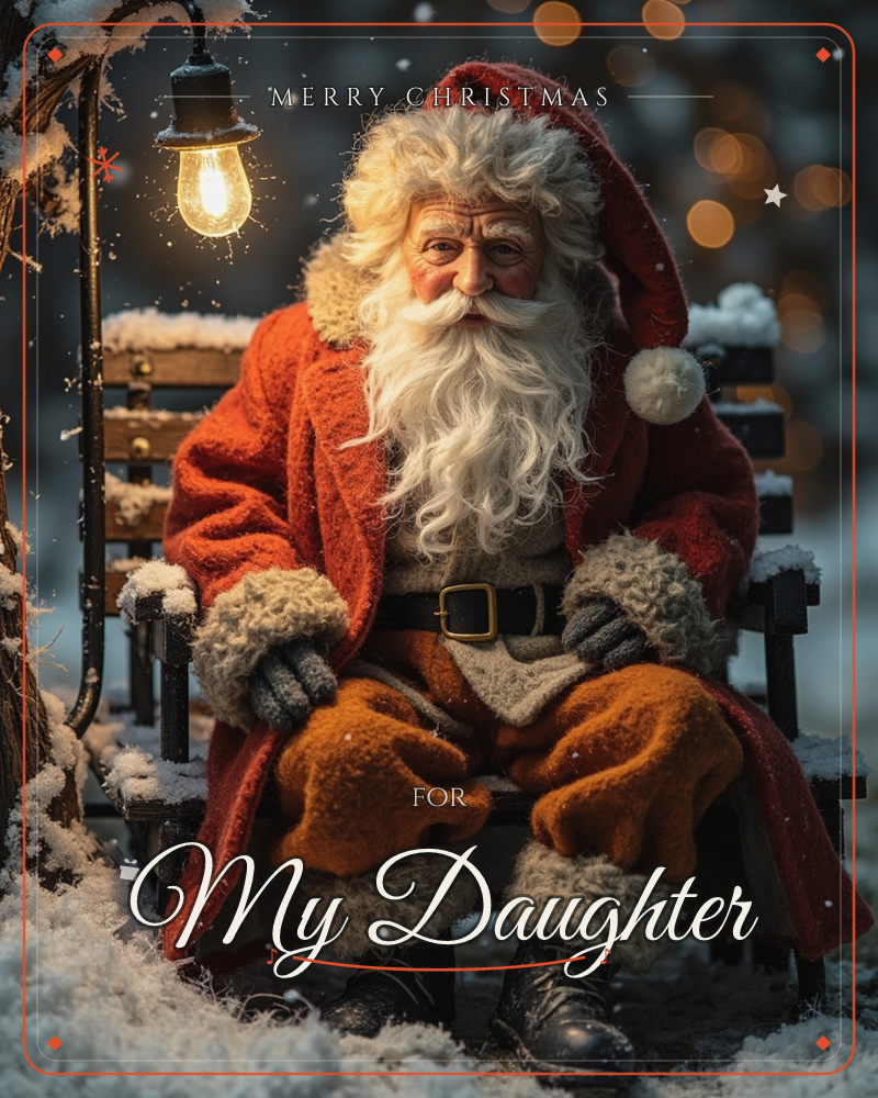 Santa Claus sits alone on a snow-dusted wooden bench beneath a hanging lantern, its warm bulb glowing against the falling snow and blurred fairy lights…, a christmas e-card design