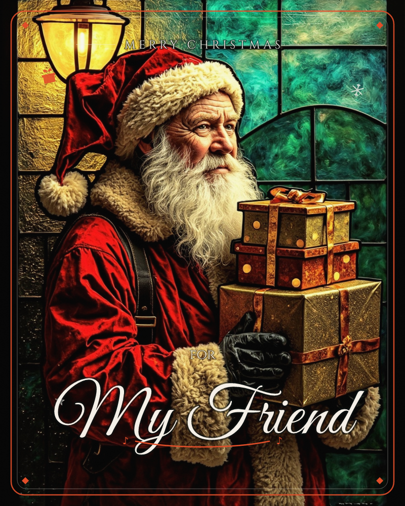 Santa Claus stands in profile beside a glowing lantern, cradling a stack of wrapped gifts in gold, red and rust tones against a stained-glass window of…, a christmas e-card design