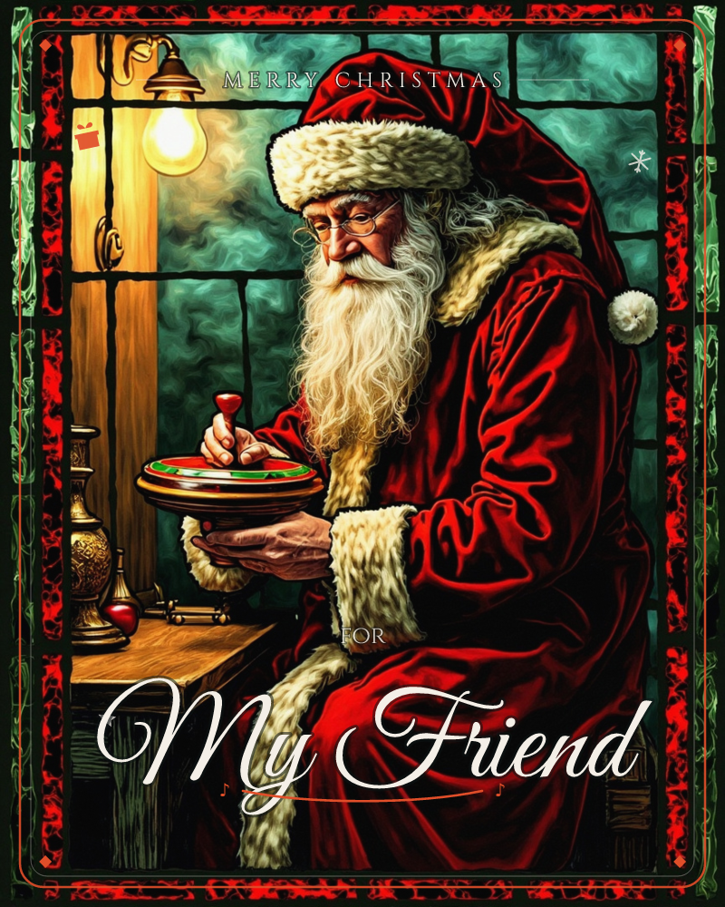 Santa Claus sits at a wooden table beside a warmly lit lamp, carefully writing on a small round plate, his red fur-trimmed coat and long white beard…, a christmas e-card design