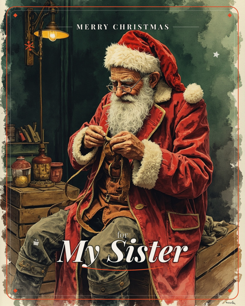 Santa sits on a wooden crate under a warm brass lamp, glasses on, carefully tying a bow with his own weathered hands, a christmas e-card design