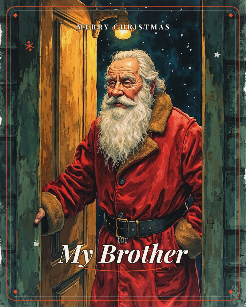 An old man with a long white beard and a fur-trimmed red coat pushes open a golden wooden door into a starlit night, a lantern glowing above him on the…, a christmas e-card design