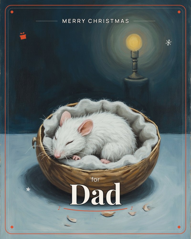 A small white mouse sleeps curled in a woven basket lined with soft grey fabric, lit only by a single lamp glowing against the deep blue night behind it, a christmas e-card design