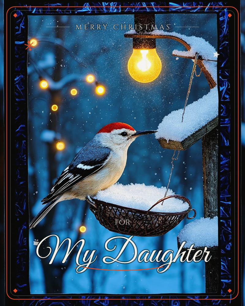 A red-capped woodpecker perches on a snow-dusted wire basket feeder, framed by a glowing bulb hung from a wooden post and strings of soft amber lights…, a christmas e-card design