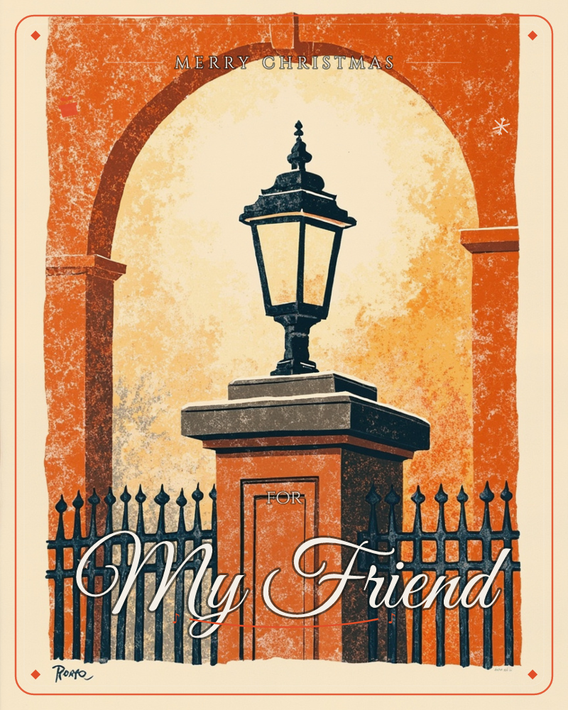 A black lantern with a pointed finial sits atop a stone pillar, framed by a weathered orange archway glowing gold at its centre, a christmas e-card design