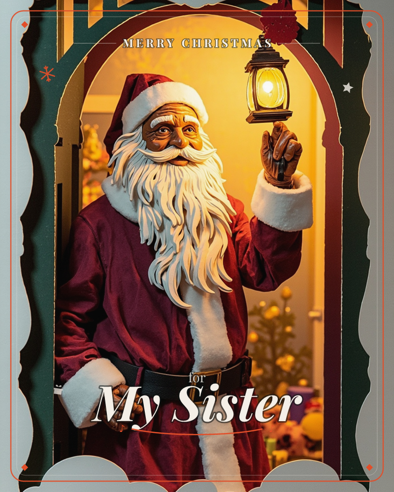 A richly detailed Santa figure stands framed in an ornate arched doorway, holding up a glowing lantern that lights his weathered face and long white beard, a christmas e-card design